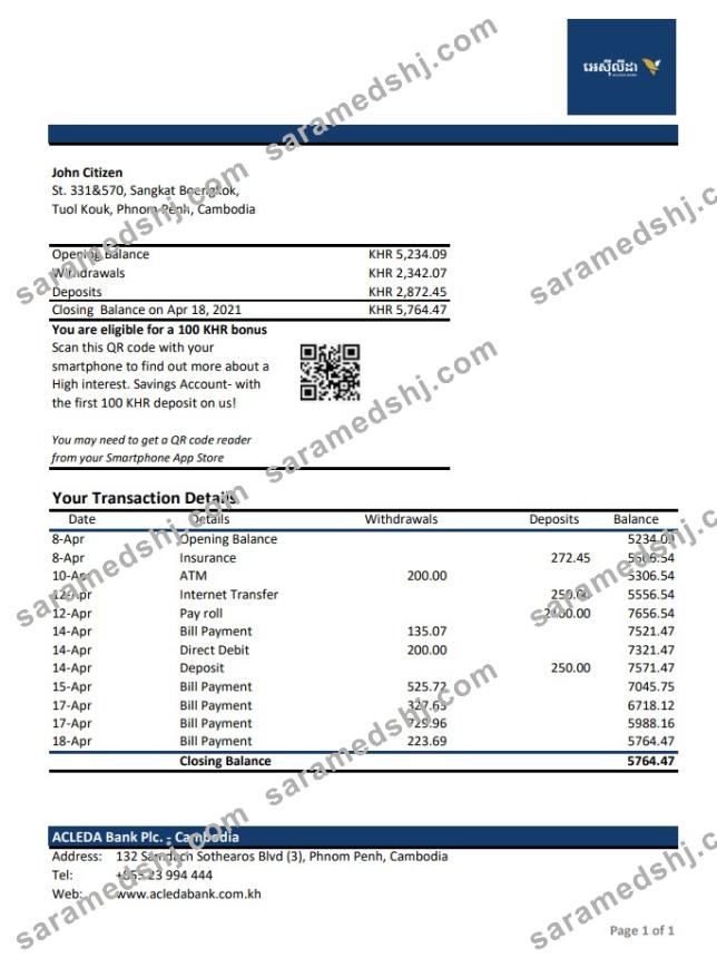Cambodia Acleda bank statement